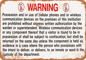 No Cell Phones in Prison Warning - Metal Sign