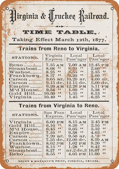 1877 Virginia & Truckee RR Time Table - Metal Sign