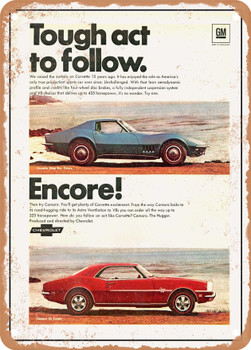 1968 Chevy Corvette Sting Ray Coupe and Camaro SS Coupe Vintage Ad - Metal Sign