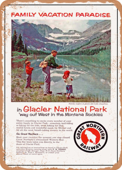 1957 Family Vacation Paradise in Glacier National Park Way Out West in the Montana Rockies Great Northern Railway Vintage Ad - Metal Sign