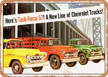 1957 Chevy Task Force Truck Line Vintage Ad - Metal Sign