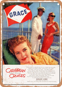 1957 Caribbean Cruises South America Grace Line Vintage Ad - Metal Sign