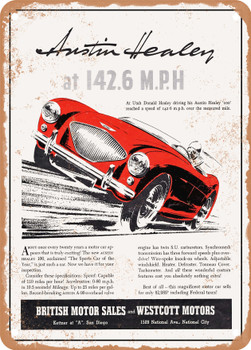 1954 Austin Healey 100 Driving by Donal Healey at Utah Vintage Ad - Metal Sign