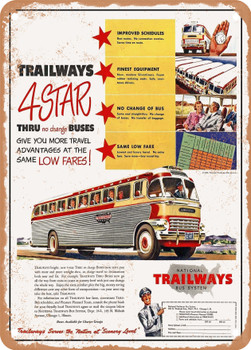 1950 Trailways 4 Star Thru No Change Buses Vintage Ad - Metal Sign