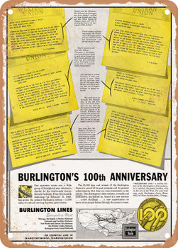 1949 Burlingtons 100th Anniversary Burlington Lines Burlington Route Vintage Ad - Metal Sign