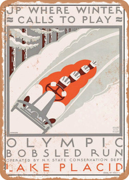 1938 Up Where Winter Calls to Play Olympic Bobsled Run Lake Placid Vintage Ad - Metal Sign