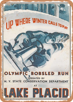 1937 Olympic Bobsled Run Lake Placid Vintage Ad - Metal Sign