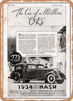 1934 Nash Sedan The Car of a Million Smiles Vintage Ad - Metal Sign