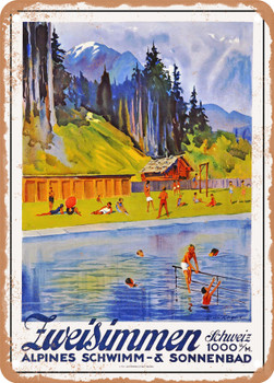 1932 Zweisimmen, Switzerland Alpine swimming and sunbathing Vintage Ad - Metal Sign