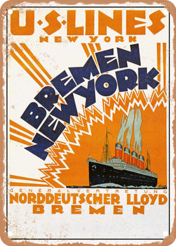 1914 U.S Lines New York Bremen New York Norddeutscher Lloyd Bremen Vintage Ad - Metal Sign