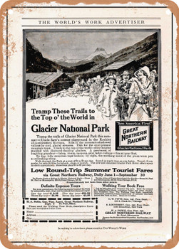 1914 Tramp These Trails to the Top o the World in Glacier National Park Great Northern Railway Vintage Ad - Metal Sign