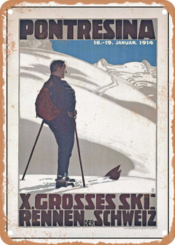 1914 Pontresina X Swiss Skiing Competition Vintage Ad - Metal Sign