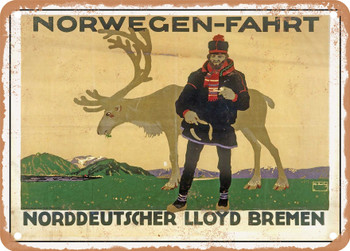 1913 Norway trip North German Lloyd Bremen Vintage Ad - Metal Sign