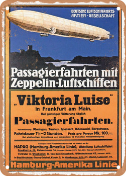 1912 Passenger flights with Zeppelin airships 'Viktoria Luise' Hamburg America Line Vintage Ad - Metal Sign