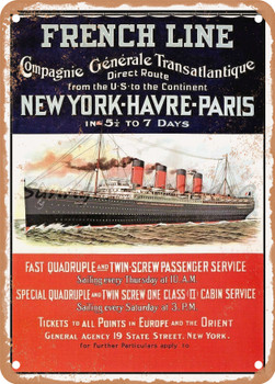 1912 French Line Compagnie Generale Transatlantique, New York-Havre-Paris Vintage Ad - Metal Sign
