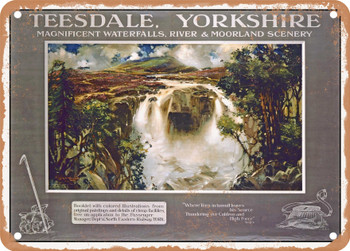 1910 Teesdale Yorkshire Magnificent Waterfalls River Moorland Scenery North Eastern Railway York Vintage Ad - Metal Sign