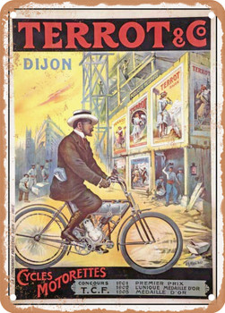 1909 Terrot Cie Dijon Cycles Motorettes by M Tamagno Vintage Ad - Metal Sign