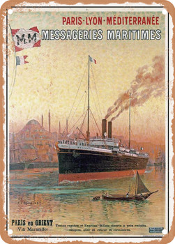 1909 Paris Lyon Mediterranean Railways Messageries Maritimes Paris to the Orient via Marseille Vintage Ad - Metal Sign