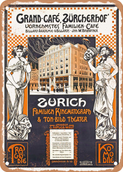 1908 Zurich Grand Cafe Zurcherhof Family Kinematograph Sound Picture Theater Vintage Ad - Metal Sign
