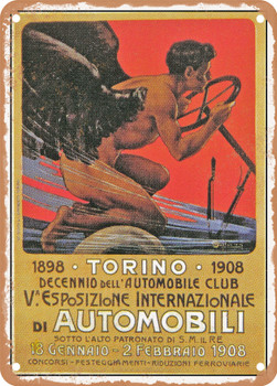 1908 Turin Fifth International Automobile Exhibition Vintage Ad - Metal Sign