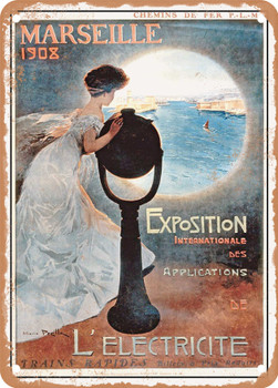 1908 PLM, Marseille International Exhibition of Applications of Electricity Vintage Ad - Metal Sign