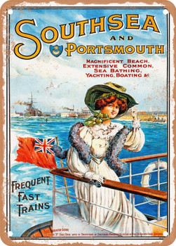1905 Southsea and Portsmouth Magnificent Beach Extensive Common Sea Bathing Yachting Boating c Vintage Ad - Metal Sign