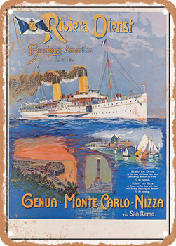 1905 Riviera Service Hamburg America Line Genoa Monte Carlo Nice Vintage Ad - Metal Sign