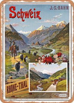 1895 Switzerland Rhone Valley Jura Simplon Railway Vintage Ad - Metal Sign