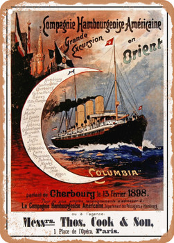 1894 Hamburg American Company Grand excursion to the Orient by the Columbia steamship Vintage Ad - Metal Sign