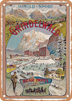 1893 Winter Sport Grindelwald Bear Hotel Vintage Ad - Metal Sign