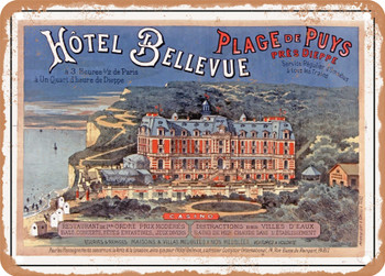 1885 Hotel Bellevue Ouy's Beach near Dieppe Vintage Ad - Metal Sign