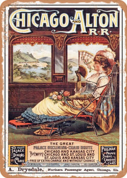1885 Chicago and Alton Railroad The Great Palace Reclining Chair Route Vintage Ad - Metal Sign