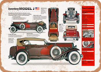 1929 Duesenberg Model J Spec Sheet - Rusty Look Metal Sign