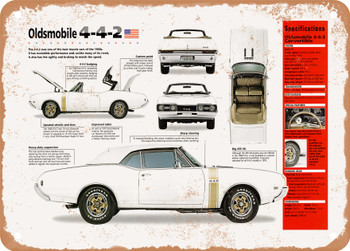 1970 Oldsmobile 4-4-2 Convertible Spec Sheet - Rusty Look Metal Sign