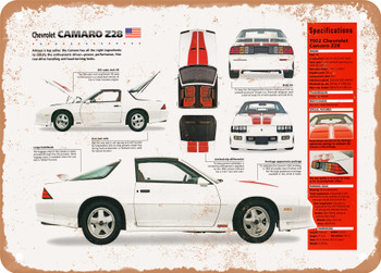 1992 Chevrolet Camaro Z28 Spec Sheet - Rusty Look Metal Sign