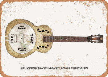 1934 Dobro Silver Leader Brass Resonator Pencil Drawing - Rusty Look Metal Sign