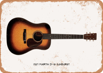 1937 Martin D-18 Sunburst Pencil Drawing - Rusty Look Metal Sign