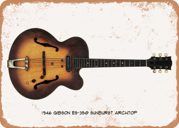 1946 Gibson ES-350 Sunburst Archtop Pencil Drawing - Rusty Look Metal Sign