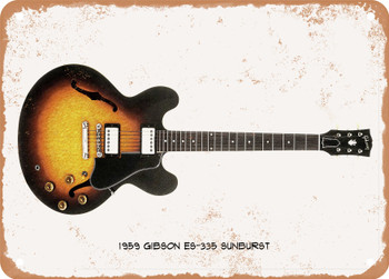 1959 Gibson ES-335 Sunburst Pencil Drawing - Rusty Look Metal Sign