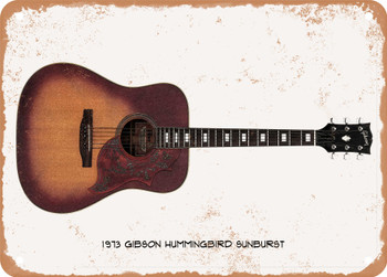 1973 Gibson Hummingbird Sunburst Pencil Drawing - Rusty Look Metal Sign