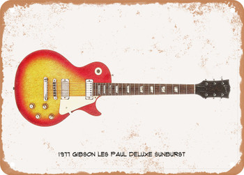 1977 Gibson Les Paul Deluxe Sunburst Pencil Drawing - Rusty Look Metal Sign