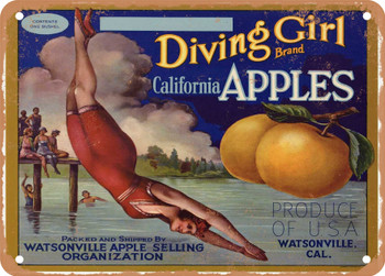 Diving Girl Brand Watsonville Apples - Rusty Look Metal Sign