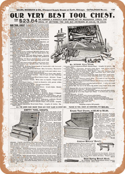 1902 Sears Catalog Mechanic Tool Set Page 715 - Rusty Look Metal Sign