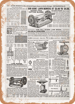 1902 Sears Catalog Lawn Mowers and Scales Page 744 - Rusty Look Metal Sign