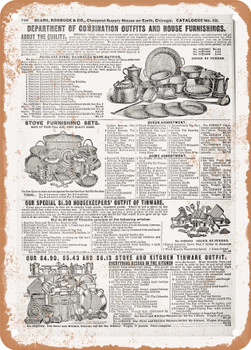 1902 Sears Catalog Cookware Sets Page 776 - Rusty Look Metal Sign
