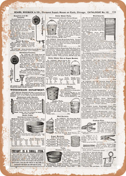 1902 Sears Catalog Buckets Pails Washing Items 779 - Rusty Look Metal Sign