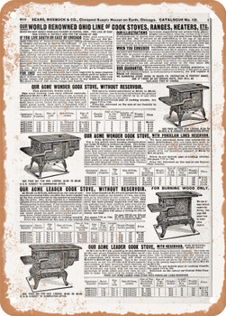 1902 Sears Catalog Cook Stoves Page 796 - Rusty Look Metal Sign