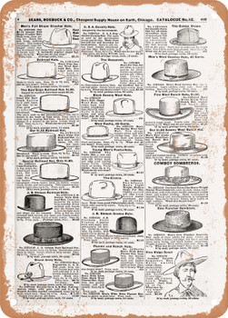 1902 Sears Catalog Hats Page 879 - Rusty Look Metal Sign