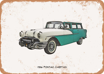 1956 Pontiac Chieftain Pencil Sketch - Rusty Look Metal Sign