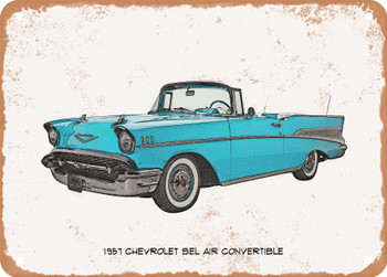 1957 Chevrolet Bel Air Convertible Pencil Sketch  - Rusty Look Metal Sign